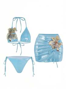 SHEIN Swim 3件套夏季新款亮片刺绣花卉三角比基尼聚拢泳衣女款 - 藍色 - 查看 3