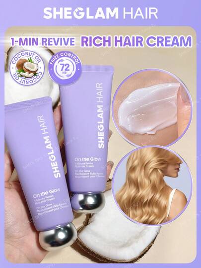 SHEGLAM HAIR On The Glow 1-Minute Revive Rich Hair Cream-70g,Moisture Leave-In Hair Conditioner, Leave-In Cream,72-Hour Frizz Control, Deep Nourishment, Multi-Action Protection For Severely Damaged Or Frizzy Hair In Need Of Intensive Care Birthday Gift Holiday Pink Vibe Makeup Beach School Festivals Rose Girl Hair Care Y2K Mother's Day Travel Essential Vacation Summer Cruise Essentials