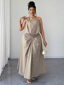 Maweii Große Größen Set aus asymmetrisch geschnittener Bluse und Rock in Unifarbe, elegantes Design, romantisch und modisch - Khaki - Übersicht 3