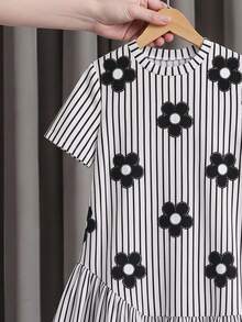 Tween Girls' Casual Summer Striped & Floral Print Ruffle Hem Short Sleeve Dress - Black - View 4