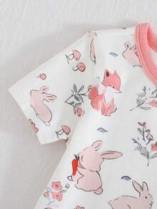 Cozy Pixies Conjunto de pijama ajustado para bebé niña, con estampado de conejo y seta de dibujos animados, de punto suave, cuello redondo, manga corta y leggings de cintura elástica - Multicolor - Ver 3