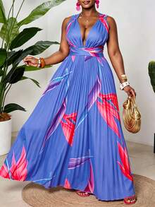 Maweii Plus Size Women Tropical Print Ruffle Dress - Blue - View 4