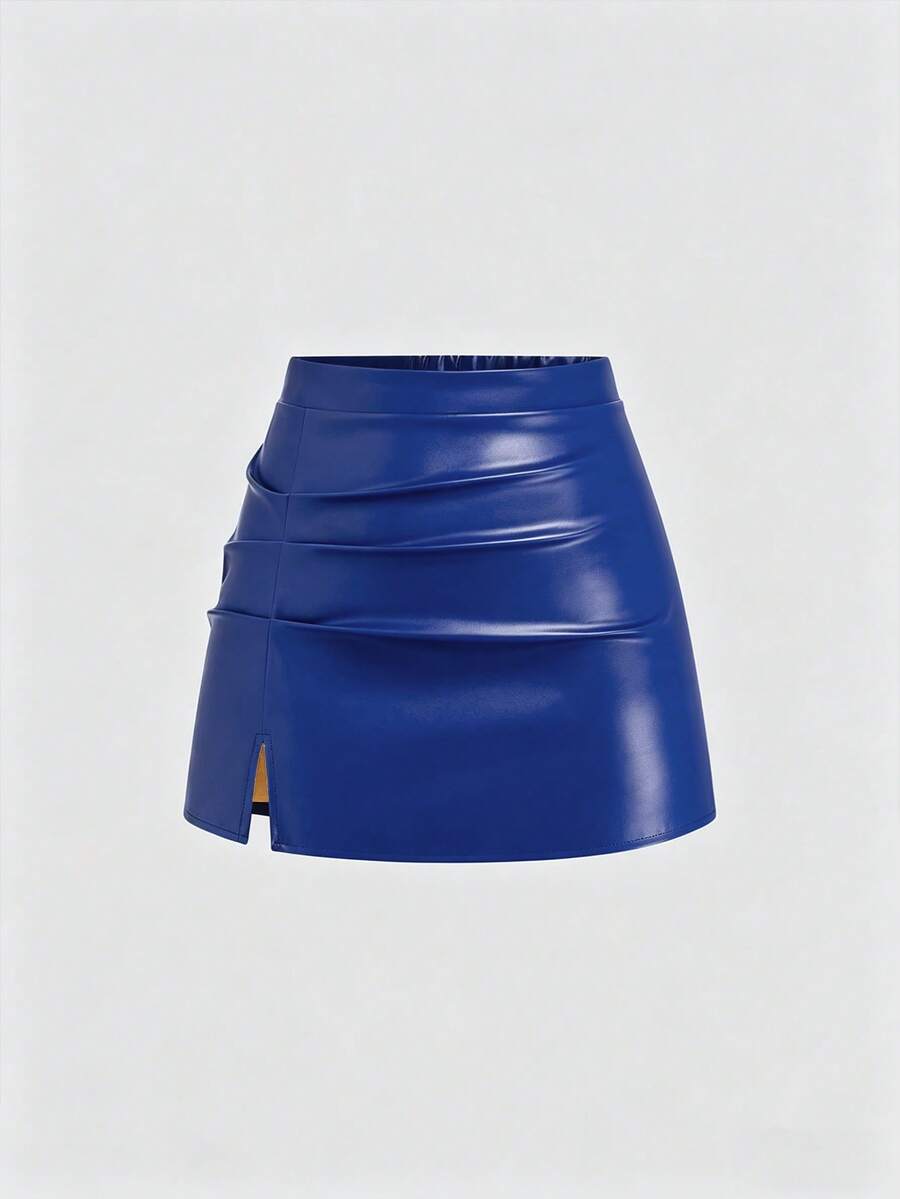 Sweetra Plus Size Women Slit Ruched PU Leather A-Line Mini Skirt, Bodycon Flattering - Royal Blue - View 1