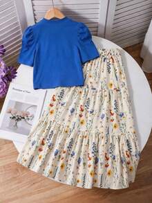 SHEIN Sparklyn Bộ áo thun ngắn tay màu xanh dương và chân váy xếp ly họa tiết hoa dành cho bé gái tuổi teen. - Màu xanh lam - Xem 2