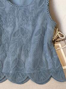 Lacomfia Kamisol Wanita Ukuran Besar Berkerah Bulat dengan Bordir, Elegan, Serbaguna untuk Musim Panas - Dusty Blue - View 4