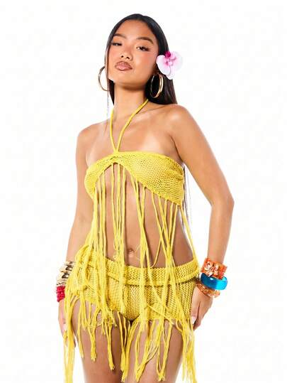 SUMWON WOMEN Top de bralette con flecos de ganchillo con lentejuelas y detalles de borlas, ropa de playa bohemia de estilo festival para vacaciones de verano, tipo halter y bandeau