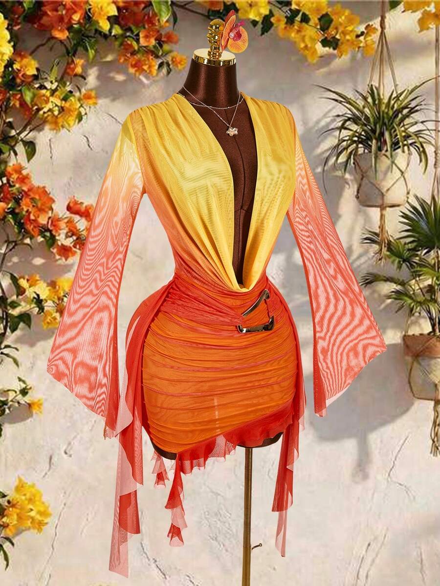 Amplova Vestido mini de mujer de manga larga, ajustado, con diseño de volantes y cuello halter, de malla verde, adecuado para ocasiones de fiesta en otoño/invierno, Año Nuevo, Navidad, Halloween, Día de San Valentín - Naranja - Ver 1