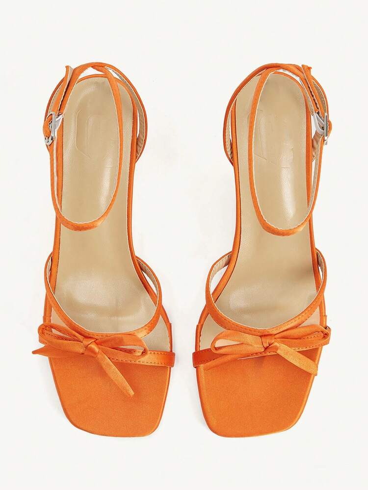 CUCCOO CHICEST Women's Shoes Summer New Bow Open Toe Cross Strap Square Head Stiletto Fashion Commuter Orange Satin High Heels Sandals Dating Afternoon Tea