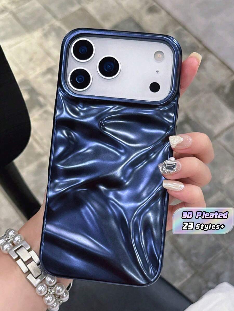 1PC 3D Glossy Solid Color Wavy Soft Silicone Phone Case, Compatible With IPhone 17 Pro Max 17 16 15 13 14 12 11 Pro Max Plus, Luxury Glossy Shockproof Phone Case - Matte Blue - View 1