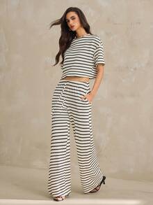 SHEIN Tall 女士时尚百搭条纹短袖T恤和抽绳腰带口袋长裤两件套 - 杏色 - 查看 5