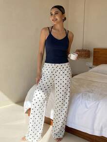 DAZY Women's Solid Color Comfortable Top And Polka Dot Print Casual Lounge Pants Pajama Set Summer - Black - View 6
