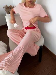 Livesso Women's Fashion Striped Top And Contrast Button Long Pants Pajama Set - Red - View 3