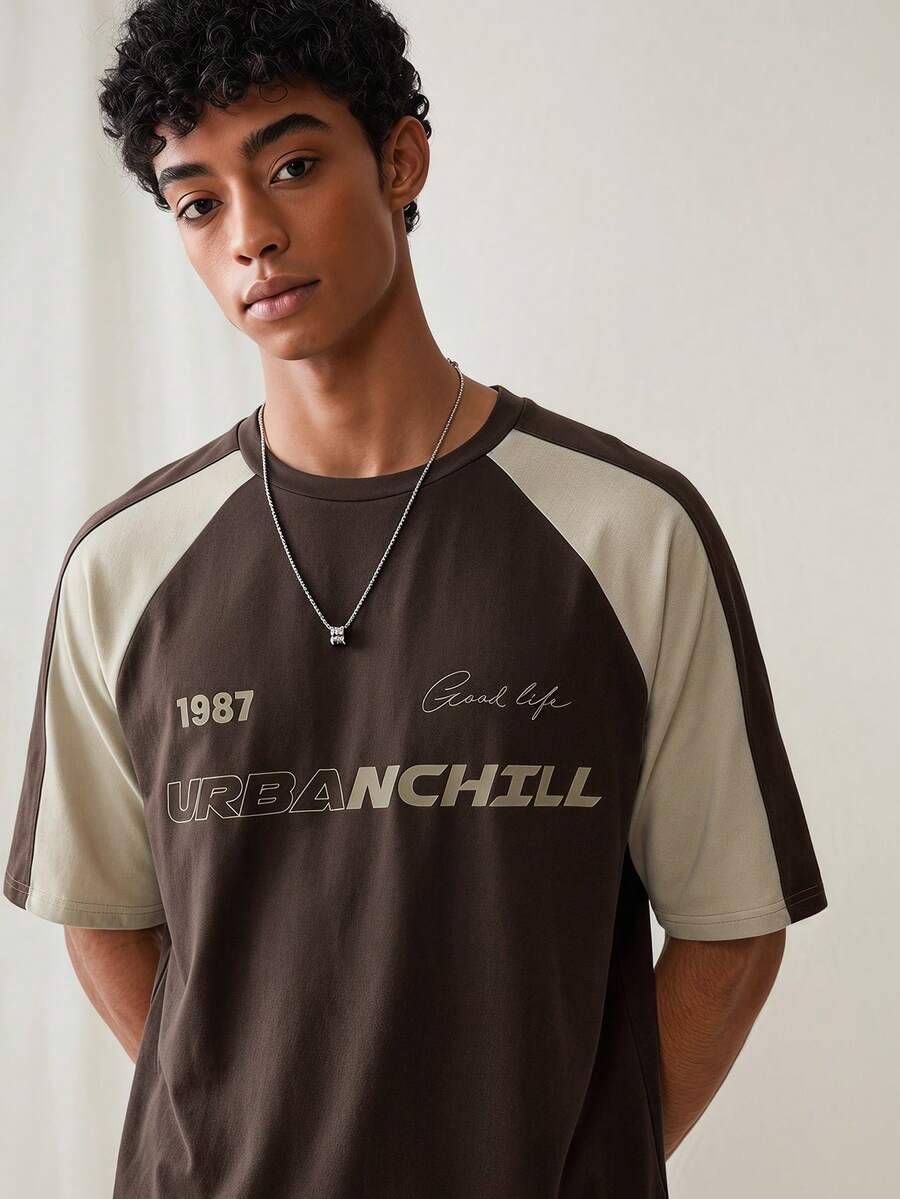 SWAVVY Men's Casual Contrast Color Letter Print Round Neck Raglan Sleeve T-Shirt, Summer - Brown - View 1