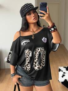 Coolane Women's Plus Size Summer Y2K Hip-Hop Vintage Streetwear Number Pattern Star Pattern Stretchy Asymmetrical Neck Black OverSize Shortsleeve T-Shirt - Black - View 3