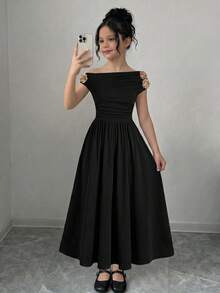 SHEIN Đầm đen cổ lệch thanh lịch dành cho bé gái tuổi teen - màu đen - Xem 4