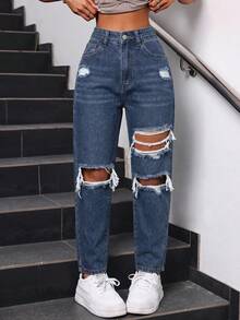SHEIN PETITE Women's Fashionable Versatile Distressed Pocket Casual Jeans - Dark Wash - View 3