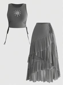 ROMWE Plus Size Hippie Vintage Boho Music Festival Embroidered Sunflower Tank Top Asymmetrical Ruffle Hem Skirt 2 Pieces Set Beach Vacation White Green - Grey - View 1