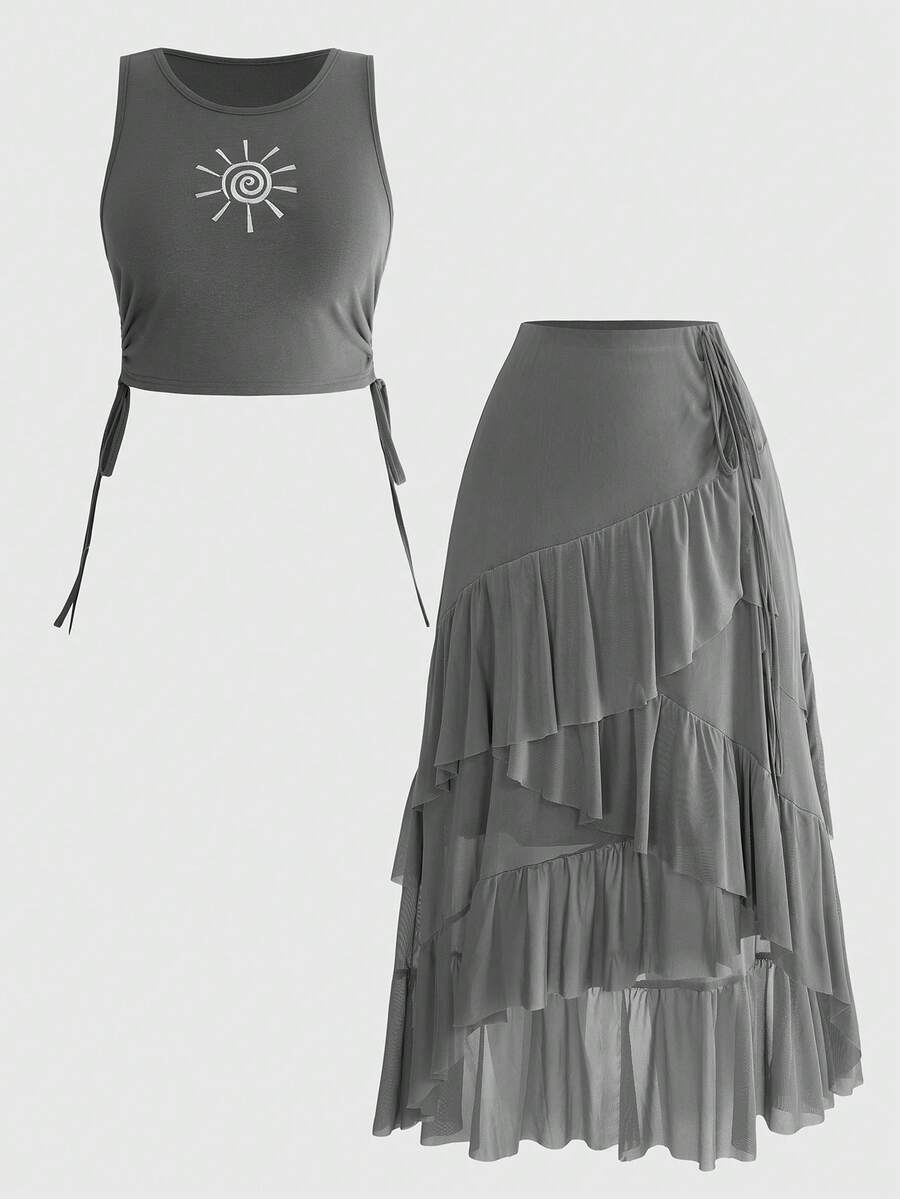 ROMWE Plus Size Hippie Vintage Boho Music Festival Embroidered Sunflower Tank Top Asymmetrical Ruffle Hem Skirt 2 Pieces Set Beach Vacation White Green - Grey - View 1
