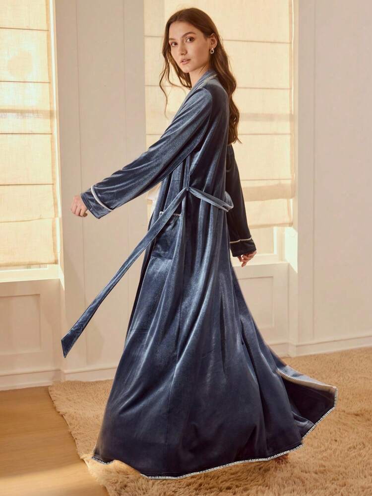 VELVET CONTRAST TRIM BELTED ROBE