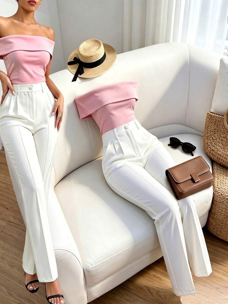 Airaco 女士露肩上衣和裤子两件套 - 粉色 - 查看 1