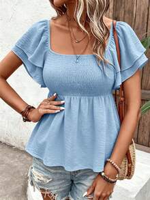 SHEIN LUNE Áo croptop cổ vuông với gấu áo nhún bèo và tay áo xếp lớp bồng bềnh màu đen kiểu peplum. - Màu xanh nhạt - Xem 3