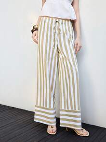 Lumivelle 新款女款純棉條紋長褲，適合春/夏季度假、休閒穿著與通勤 - 杏色 - 查看 4