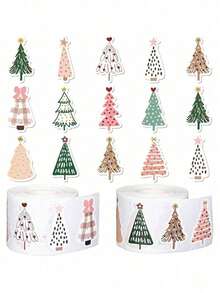 500 Sheets/Roll Of Christmas Bohemian Stickers-Pastel Christmas Tree Stickers, Including Pine Trees, Polo Dots And Bows-Self-Adhesive (No Need To Cut)-Suitable For Holiday Decorations, Gifts, Greeting Cards, Parties-One-Time Use-Very Suitable For Home, Office Or Classroom Decoration, Holiday Handwork, Fun Design, Easy To Tear, Decorative Labels, Gift Wrapping Paper - multicolor - View 9