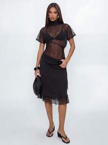 Avantive Summer Festival Party Gym Prom Graduation Prom Casual Country Y2k Women's Black Sheer Seksi Chic Short Sleeve Top Night Out - Black - View 8