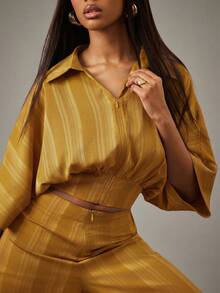 NYA SZN Matching Set Zip Up Top Wide Leg Pant Striped - Yellow - View 4