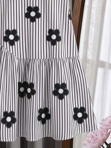 Tween Girls' Casual Summer Striped & Floral Print Ruffle Hem Short Sleeve Dress - Black - View 5