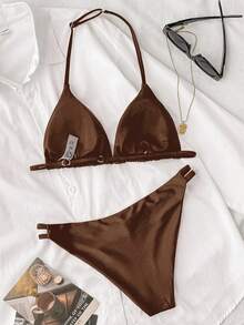 SHEIN Kids Teen Girl Keyhole Design Halter Swimwear Set, Suitable For Swimming, Holiday, Summer Beach Wear Chocolate Brown Casual - Brown - View 2