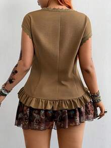 Whyspr Blouse grande taille d'été vintage à col carré, manches courtes, cordon de serrage, patchwork de dentelle, cintrée à la taille et amincissante - Tabac - Voir 4