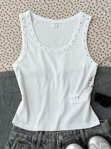 SHEIN Regata Ajustada com Decote em U Canelada e Decoração com Tachas para Adolescentes, Branca, Novo Lançamento de Verão - Branco - Visão 3