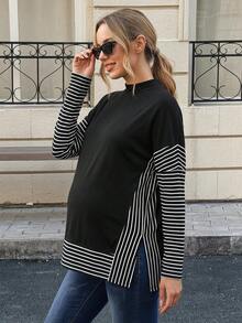 MaterniWear 孕妇休闲通勤条纹印花立领宽松开衩下摆T恤，秋冬 - 黑與白 - 查看 2