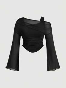 SHEIN MOD Camiseta de punto transparente asimétrica 2 en 1 con hombros asimétricos para tallas grandes - Negro - Ver 1