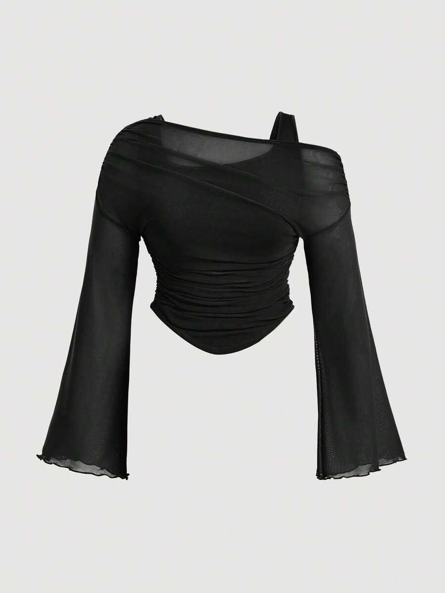 SHEIN MOD Camiseta de punto transparente asimétrica 2 en 1 con hombros asimétricos para tallas grandes - Negro - Ver 1