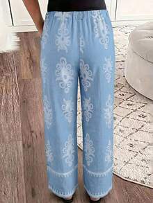 EMERY ROSE Women's Simple Geometric Printed Lace Trim Straight Leg Pants, Suitable For Early Spring Vacation - Blue - View 2