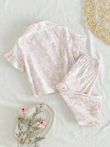 SHEIN Baby Girls' Pink White Rabbit Floral Pattern Ruffle Collar Short Sleeve Pants 2 Pieces Pajama Set Cute Summer Holiday Casual Comfortable Sleep Night - Pink - View 2