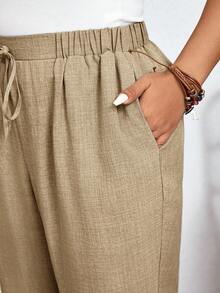 SHEIN Frenchy Pantalones casuales de unicolor de talla grande con cintura elástica y bolsillos en diagonal - Camel - Ver 7