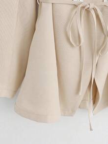 GlowEve CURVE Áo blazer nữ cỡ lớn kiểu dáng công sở thường ngày, màu trơn, cổ shawl, thắt lưng, hai hàng cúc, thích hợp cho việc đi làm. - Màu be - Xem 7