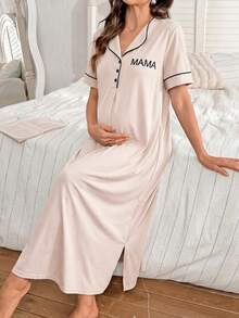 Moonlight&Mama Solid Color Comfortable Fabric Letter Print "MAMA" Front Pocket Snap Button Short Sleeve Maxi Maternity Dress/Nightgown - Apricot - View 5