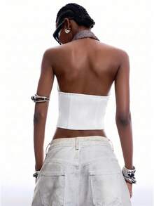 LYSMO Women's Patchwork Color Halter Backless Casual Versatile Daily Wear Top - White - View 2