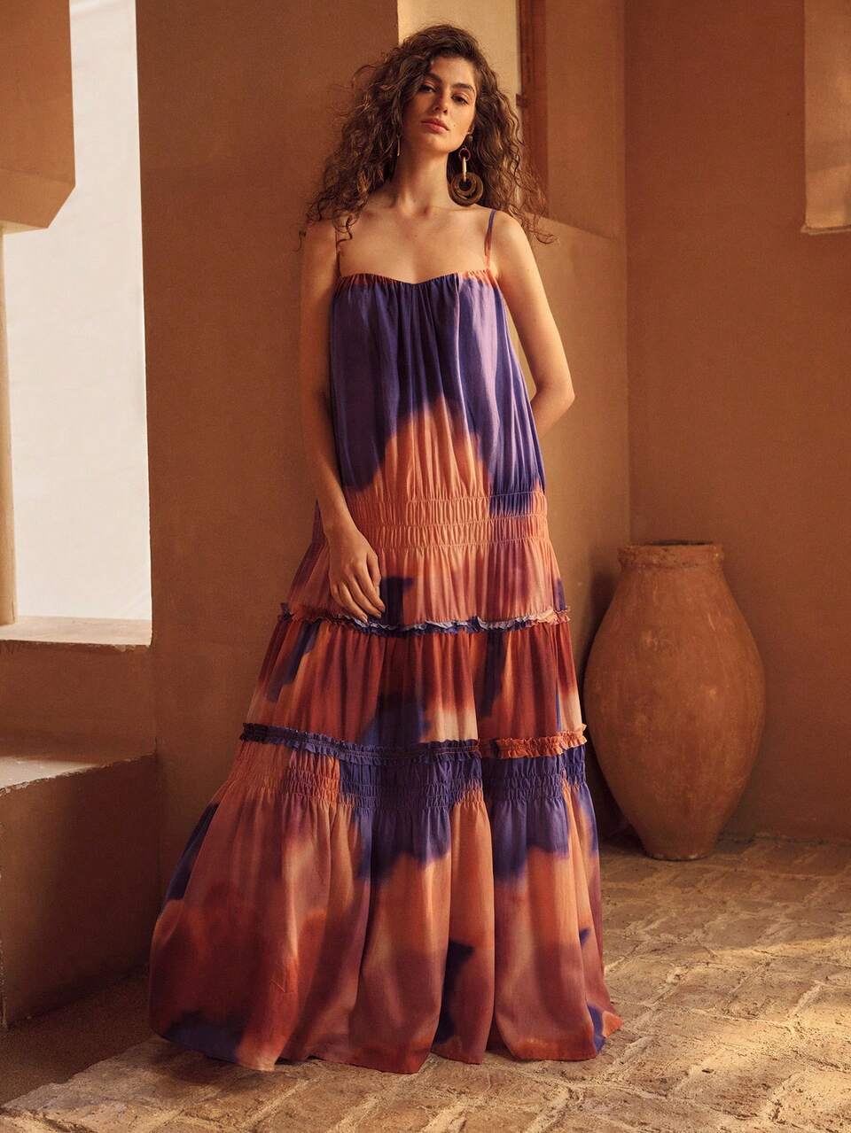 WOMEN'S SPRING/SUMMER VACATION BATIK PRINT MAXI SLIP DRESS WITH FLOWY HEM