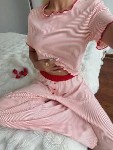 Livesso Women's Fashion Striped Top And Contrast Button Long Pants Pajama Set - Red - View 4