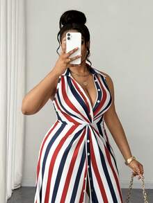 Maweii Plus Size Women's Elegant Colorful Striped Casual Striped Knit Twist Design Long Dress - Multicolor - View 6