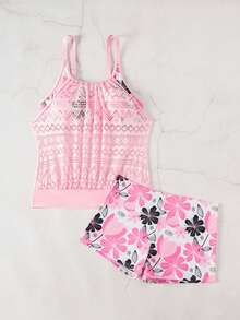 Swim Lushoire Swim Lushore 女士两件套印花随机图案吊带背心泳衣套装，带网眼收腹设计，搭配短裤。 - 粉色 - 查看 4