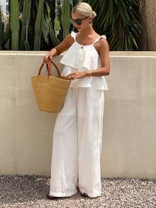 DAZY Set da vacanza da donna composto da top a canotta con texture e pantaloni a gamba dritta morbidi, due pezzi - Bianco - Visualizzare 6