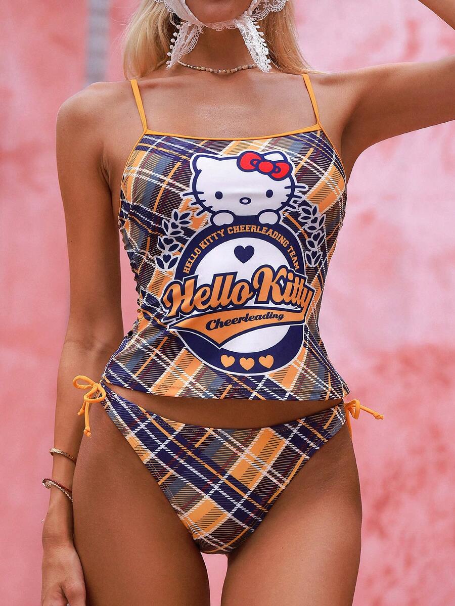 Swim Mod HELLO KITTY AND FRIENDS | SHEIN Summer Beach Casual Cute Vacation Plaid Cartoon Print Tankini Set Navy Blue And White - Multicolor - View 1