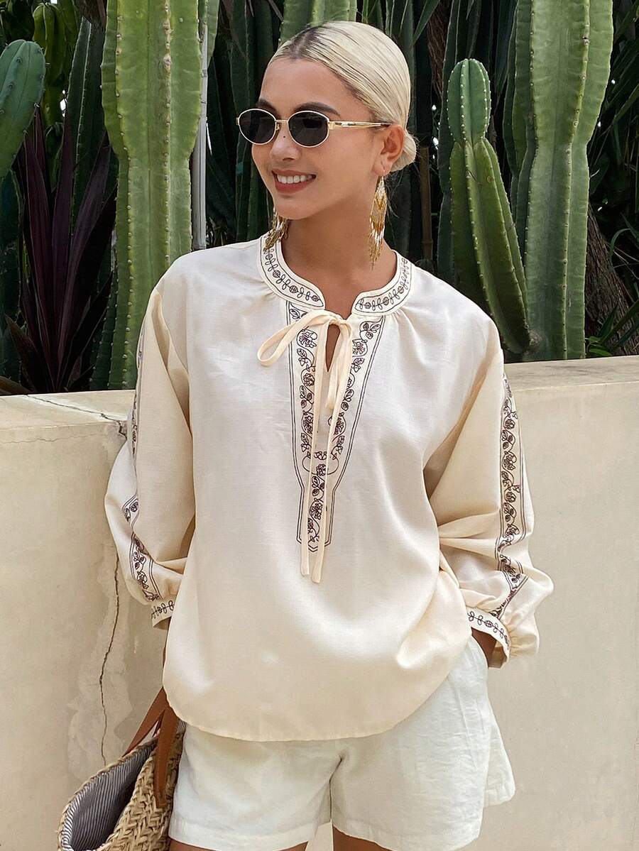 DAZY Blusa holgada de estilo bohemio elegante con estampado para mujer - Beis - Ver 1
