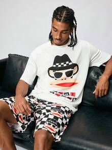 Paul Frank X SHEIN 男士卡通印花白色上衣和格子印花短裤睡衣套装 - 黑與白 - 查看 1